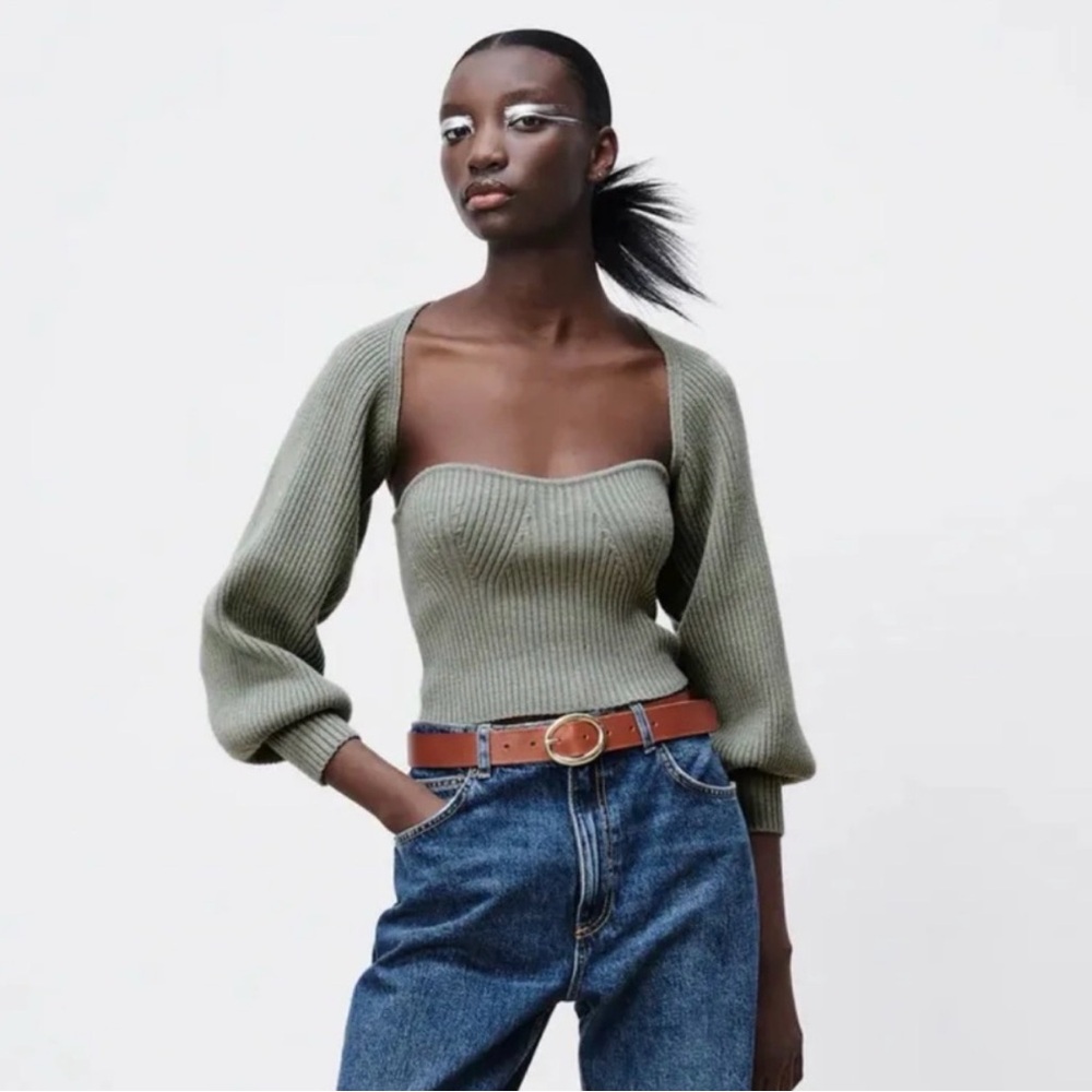 ZARA Sage Green Ribbed Knit Bolero / Arm Warmers